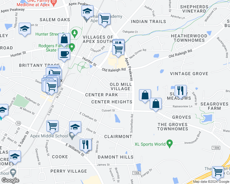 map of restaurants, bars, coffee shops, grocery stores, and more near 407 Old Mill Village Drive in Apex