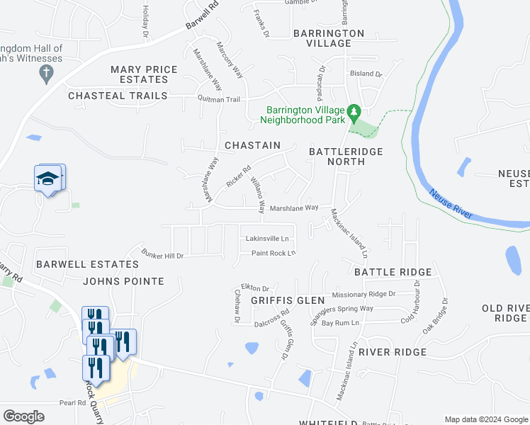 map of restaurants, bars, coffee shops, grocery stores, and more near 3702 Marshlane Way in Raleigh