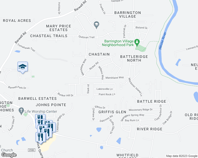map of restaurants, bars, coffee shops, grocery stores, and more near 3670 Marshlane Way in Raleigh