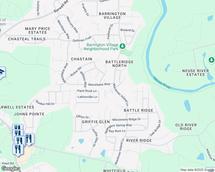 map of restaurants, bars, coffee shops, grocery stores, and more near 3770 Marshlane Way in Raleigh