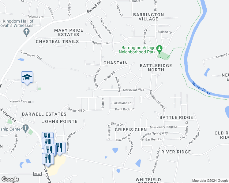 map of restaurants, bars, coffee shops, grocery stores, and more near 3664 Marshlane Way in Raleigh