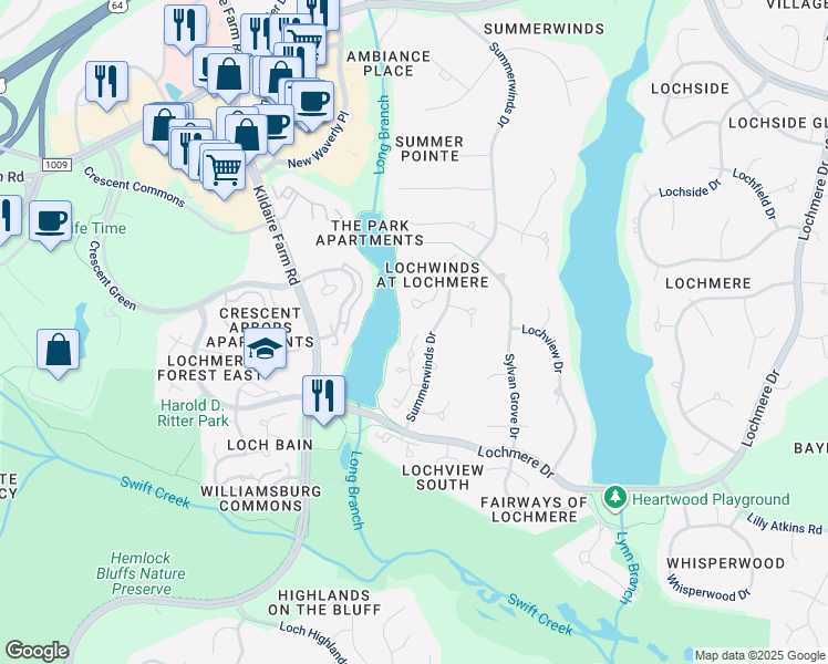 map of restaurants, bars, coffee shops, grocery stores, and more near 118 East Wind Lane in Cary