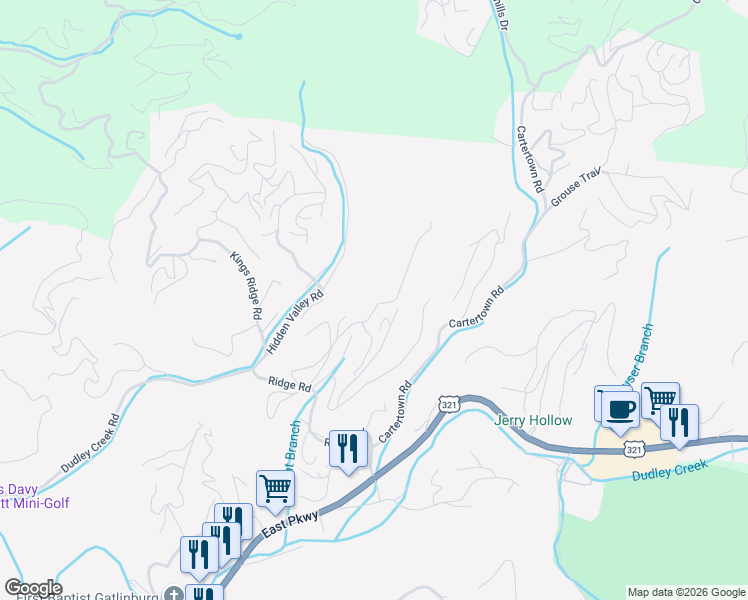 map of restaurants, bars, coffee shops, grocery stores, and more near 1115 Old Cartertown Road in Gatlinburg