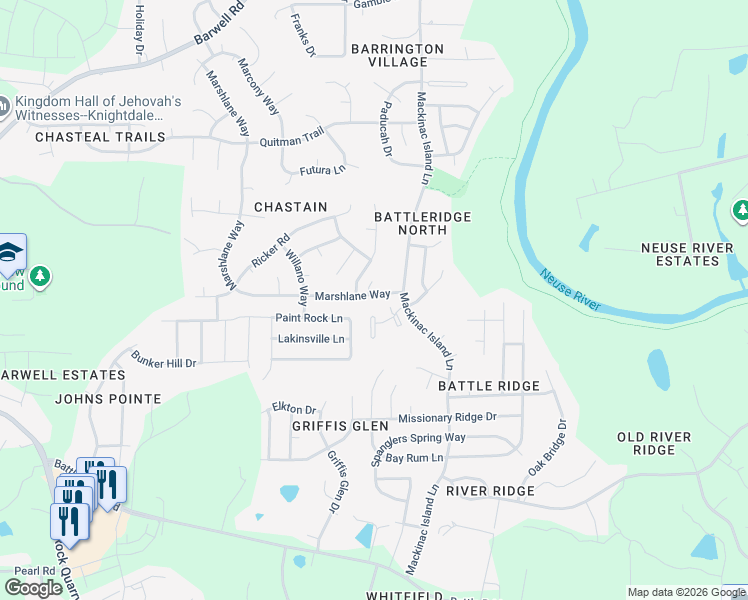 map of restaurants, bars, coffee shops, grocery stores, and more near 3766 Marshlane Way in Raleigh