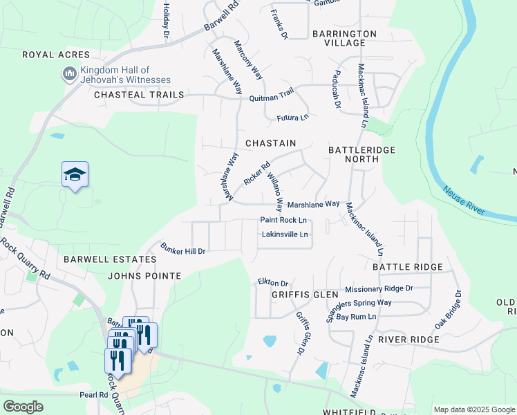 map of restaurants, bars, coffee shops, grocery stores, and more near 3648 Marshlane Way in Raleigh