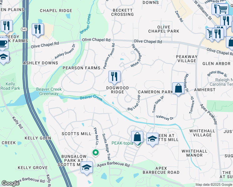 map of restaurants, bars, coffee shops, grocery stores, and more near 1410 Big Leaf Loop in Apex