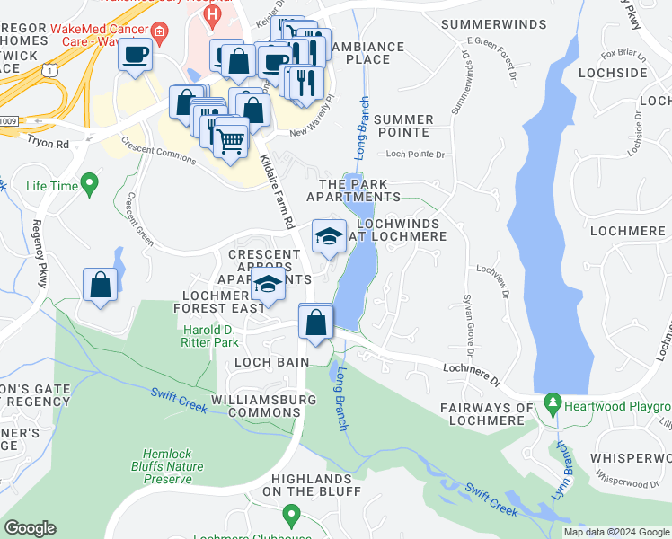 map of restaurants, bars, coffee shops, grocery stores, and more near 329 Glen Echo Lane in Cary