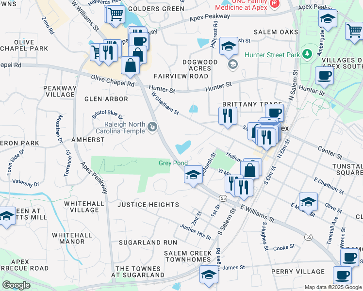 map of restaurants, bars, coffee shops, grocery stores, and more near 410-468 West Williams Street in Apex