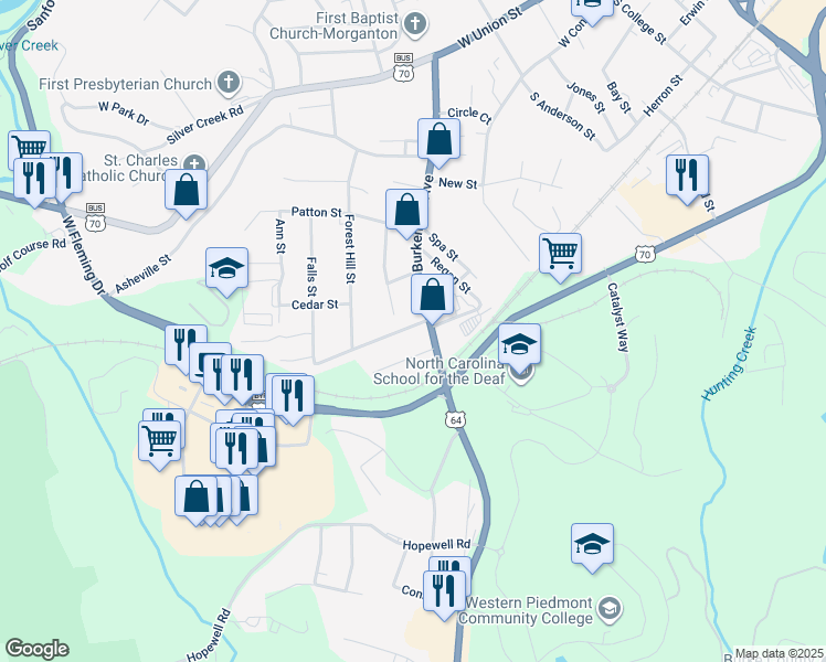 map of restaurants, bars, coffee shops, grocery stores, and more near 112 Greenbriar Lane in Morganton