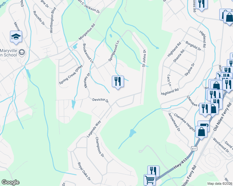 map of restaurants, bars, coffee shops, grocery stores, and more near 4411 Legends Way in Maryville