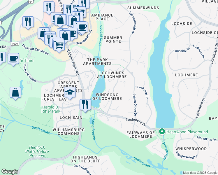 map of restaurants, bars, coffee shops, grocery stores, and more near 118 East Wind Lane in Cary