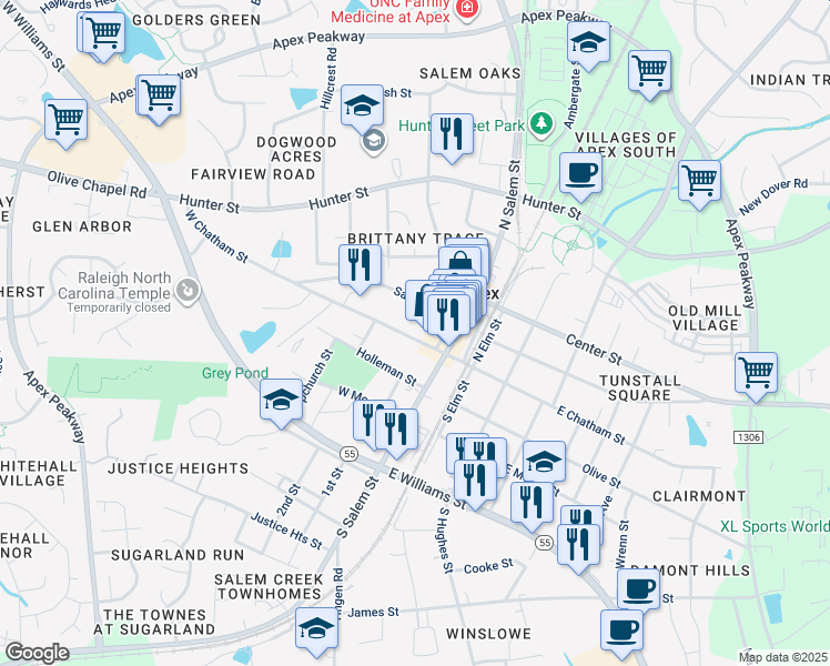map of restaurants, bars, coffee shops, grocery stores, and more near 210 West Chatham Street in Apex