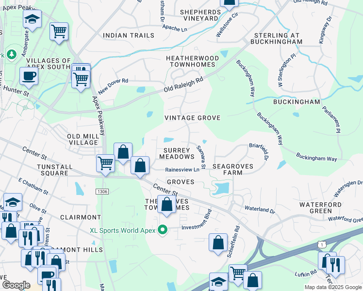 map of restaurants, bars, coffee shops, grocery stores, and more near 603 Samara Street in Apex