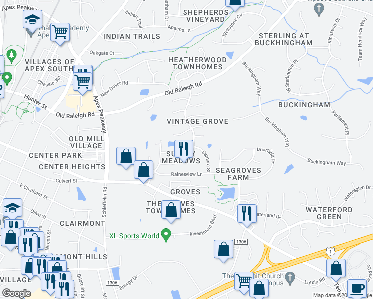 map of restaurants, bars, coffee shops, grocery stores, and more near 603 Samara Street in Apex