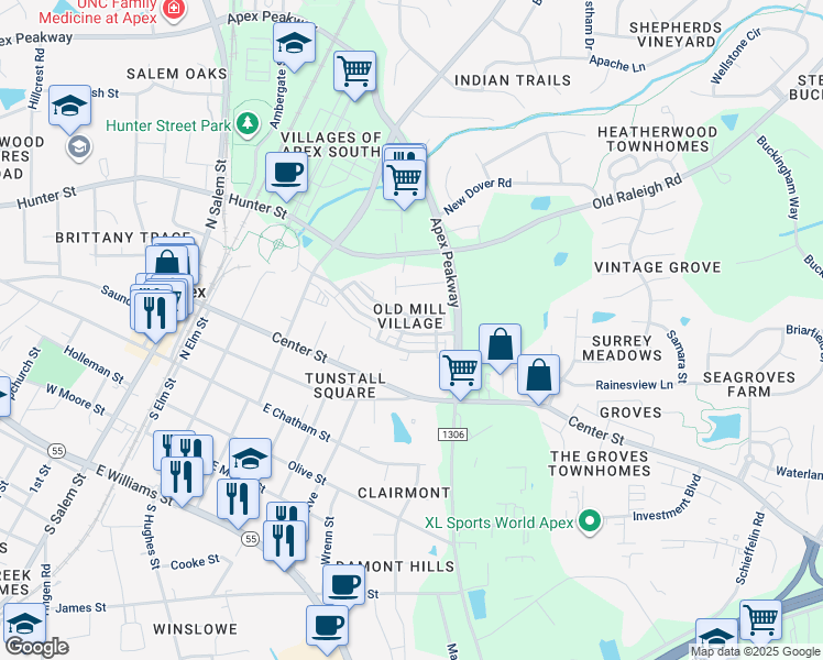 map of restaurants, bars, coffee shops, grocery stores, and more near 324 Old Mill Village Drive in Apex