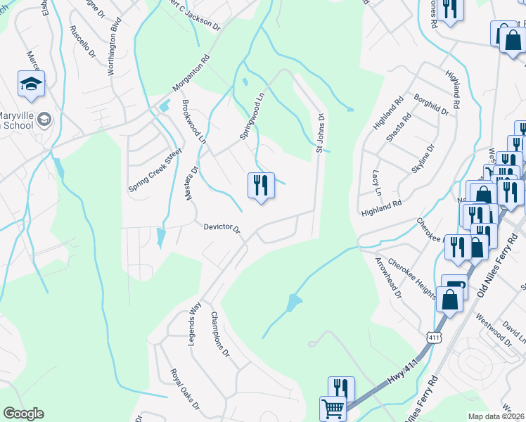 map of restaurants, bars, coffee shops, grocery stores, and more near 4411 Legends Way in Maryville