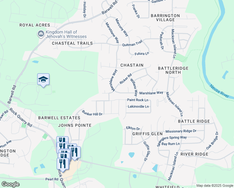 map of restaurants, bars, coffee shops, grocery stores, and more near 3612 Marshlane Way in Raleigh