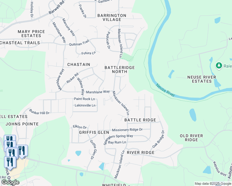 map of restaurants, bars, coffee shops, grocery stores, and more near 3801 Moncacy Court in Raleigh