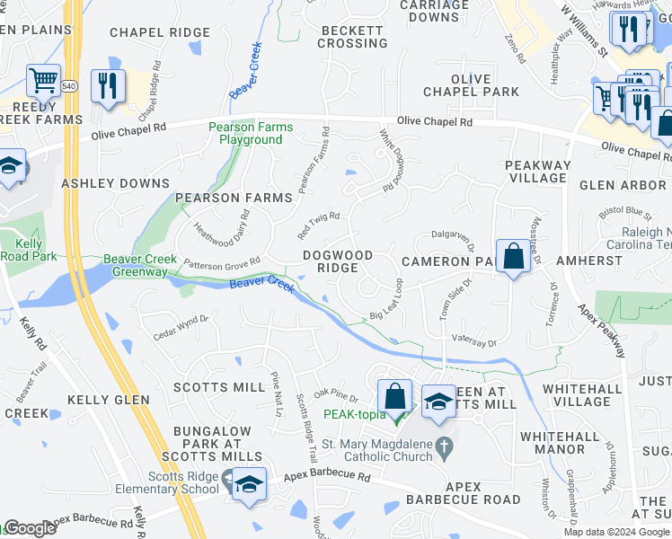map of restaurants, bars, coffee shops, grocery stores, and more near 1410 Big Leaf Loop in Apex