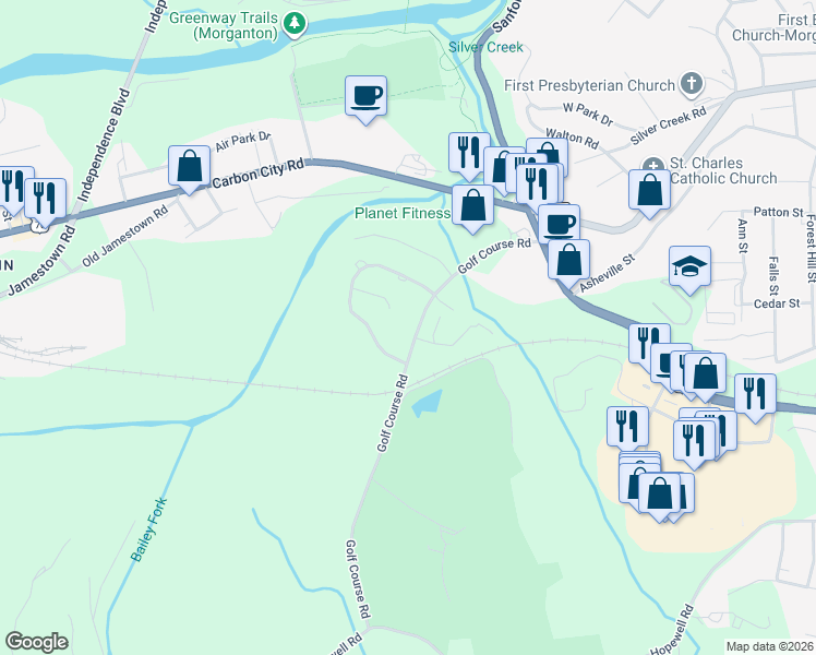 map of restaurants, bars, coffee shops, grocery stores, and more near 318 Golf Course Road in Morganton