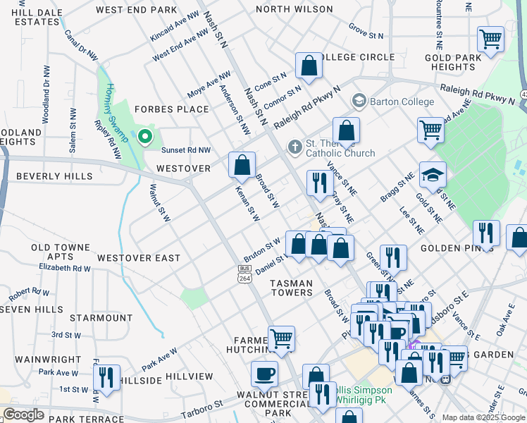 map of restaurants, bars, coffee shops, grocery stores, and more near 206 Warren Street West in Wilson