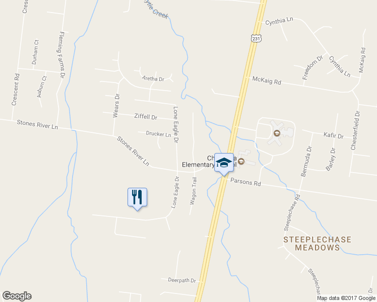 map of restaurants, bars, coffee shops, grocery stores, and more near 123 Wagon Trail in Murfreesboro