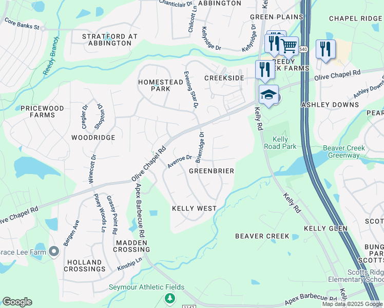 map of restaurants, bars, coffee shops, grocery stores, and more near 301 Montvale Court in Apex