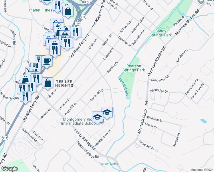 map of restaurants, bars, coffee shops, grocery stores, and more near 503 Montgomery Lane in Maryville