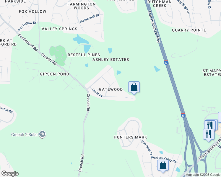 map of restaurants, bars, coffee shops, grocery stores, and more near 108 Woodgate Drive in Garner
