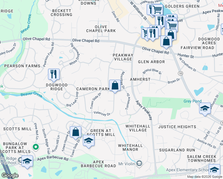 map of restaurants, bars, coffee shops, grocery stores, and more near 1808 White Dogwood Road in Apex