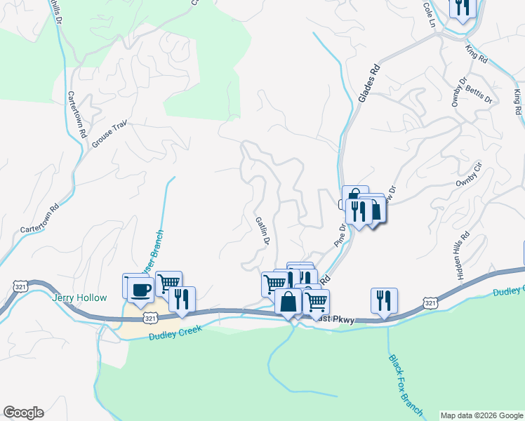 map of restaurants, bars, coffee shops, grocery stores, and more near 410 Gatlin Drive in Gatlinburg