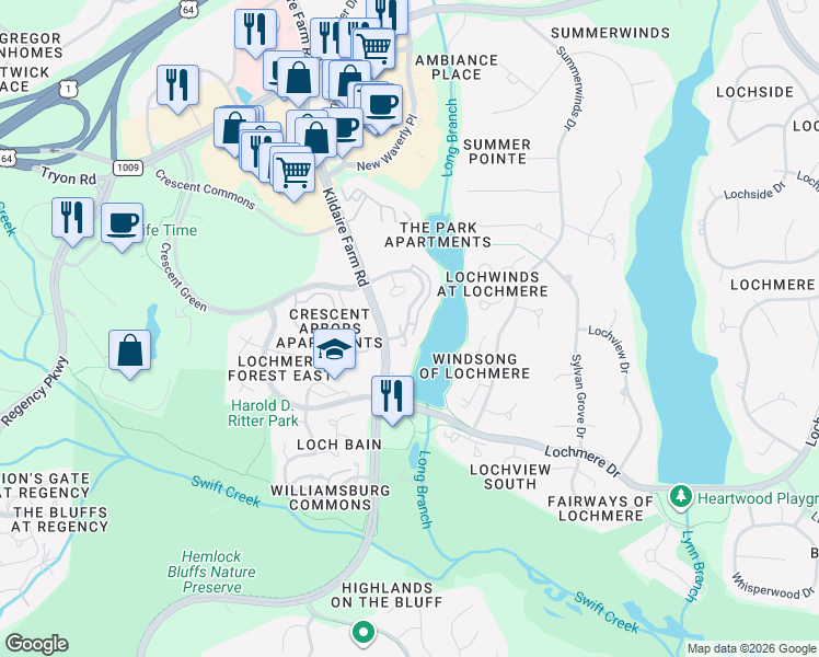 map of restaurants, bars, coffee shops, grocery stores, and more near in Cary