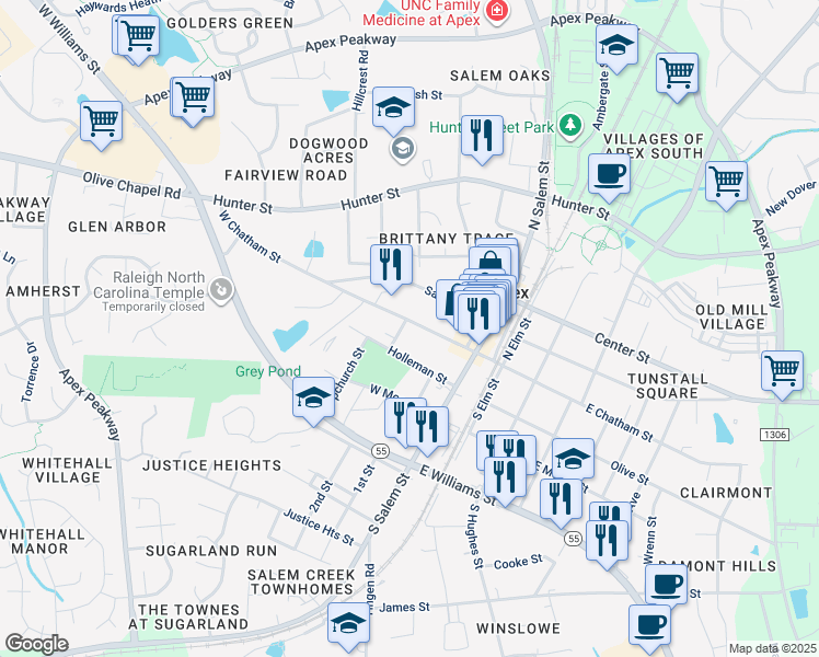 map of restaurants, bars, coffee shops, grocery stores, and more near 210 West Chatham Street in Apex