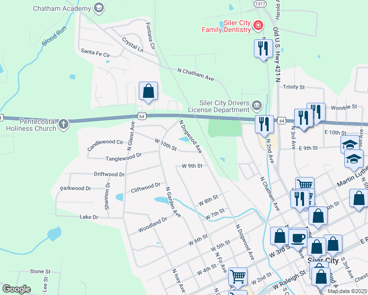 map of restaurants, bars, coffee shops, grocery stores, and more near 410 West 10th Street in Siler City
