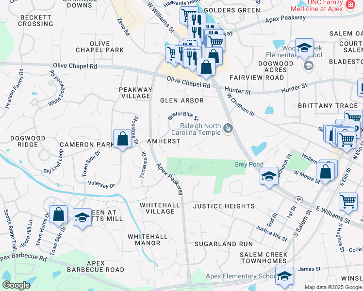 map of restaurants, bars, coffee shops, grocery stores, and more near 706 Mid Summer Lane in Apex