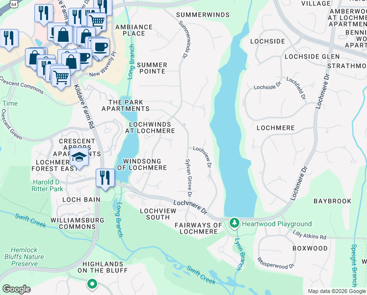map of restaurants, bars, coffee shops, grocery stores, and more near 200 Sylvan Grove Drive in Cary
