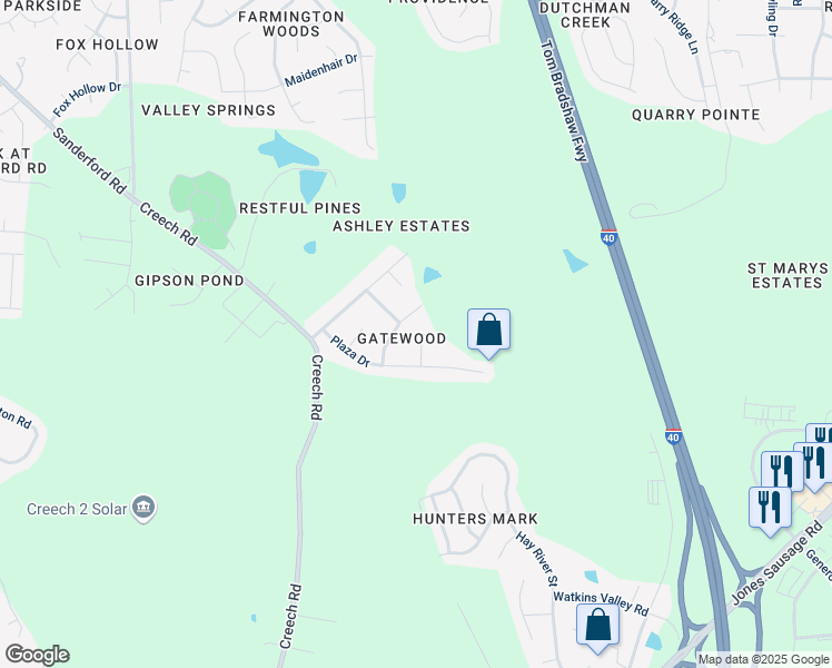map of restaurants, bars, coffee shops, grocery stores, and more near 107 Hunting Circle in Garner