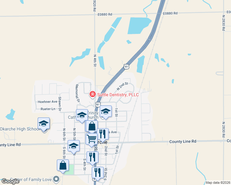 map of restaurants, bars, coffee shops, grocery stores, and more near 510 North 2nd Street in Okarche