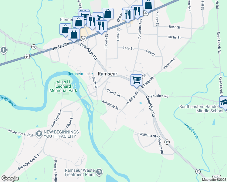 map of restaurants, bars, coffee shops, grocery stores, and more near 1388 Church Street in Ramseur