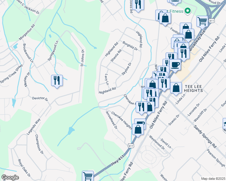 map of restaurants, bars, coffee shops, grocery stores, and more near 2052 Highland Road in Maryville