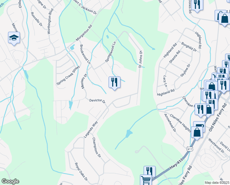 map of restaurants, bars, coffee shops, grocery stores, and more near 4411 Legends Way in Maryville