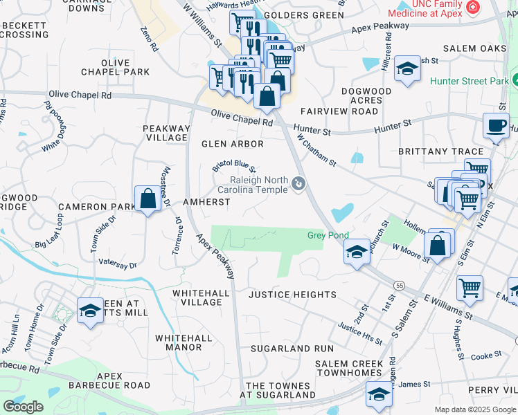 map of restaurants, bars, coffee shops, grocery stores, and more near 410 High Holborn Court in Apex