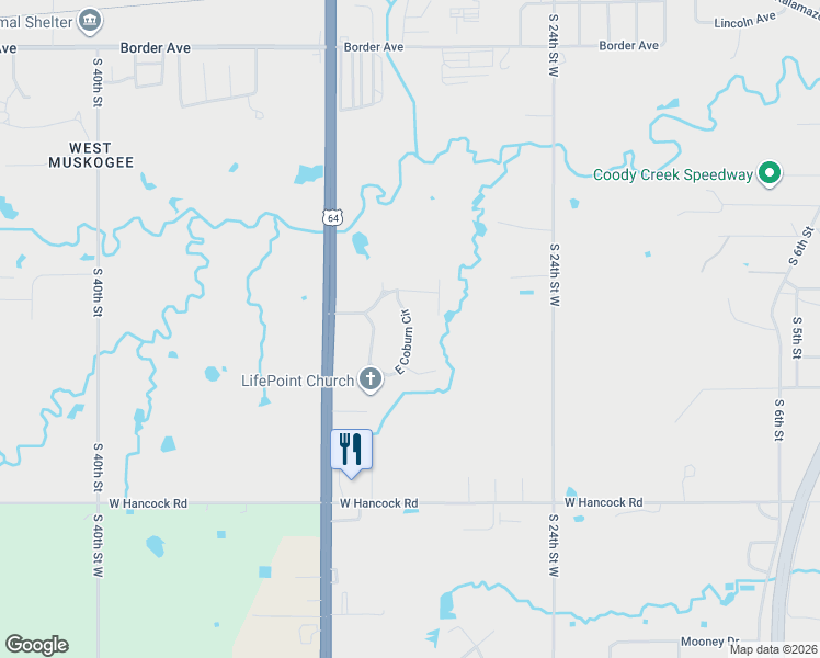 map of restaurants, bars, coffee shops, grocery stores, and more near 2412 East Coburn Circle in Muskogee
