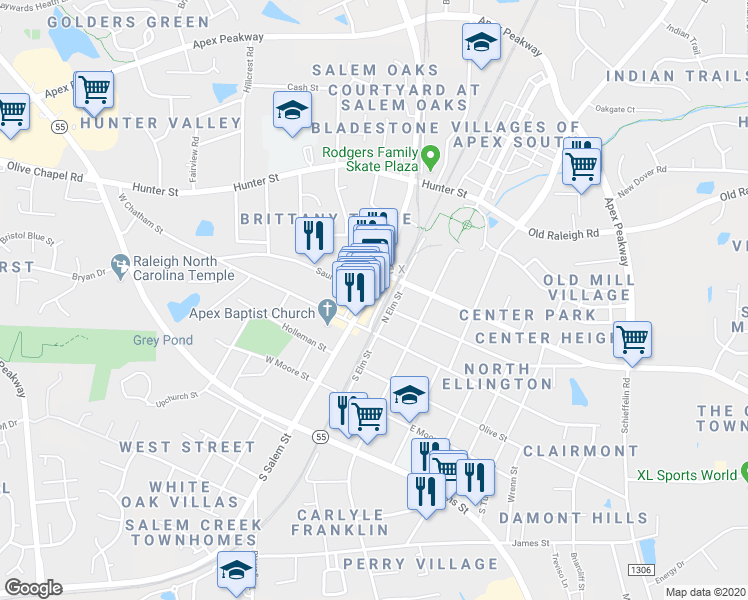 map of restaurants, bars, coffee shops, grocery stores, and more near 126 North Salem Street in Apex