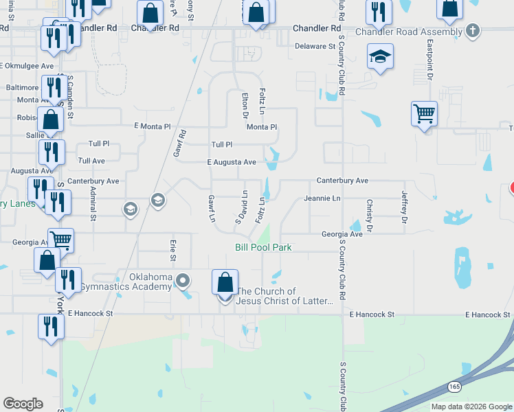 map of restaurants, bars, coffee shops, grocery stores, and more near 603 Foltz Lane in Muskogee
