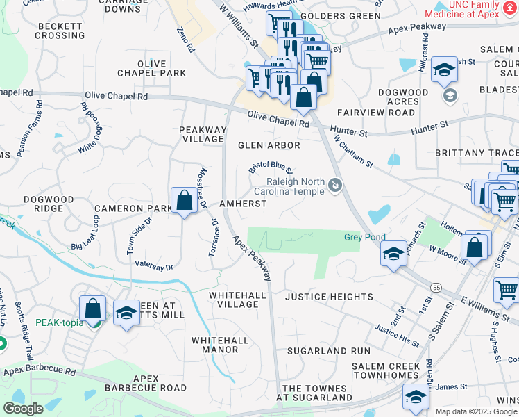 map of restaurants, bars, coffee shops, grocery stores, and more near 707 Mid Summer Lane in Apex