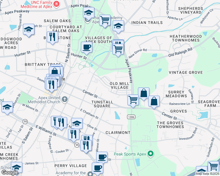 map of restaurants, bars, coffee shops, grocery stores, and more near 507 Old Mill Village Drive in Apex