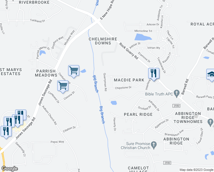 map of restaurants, bars, coffee shops, grocery stores, and more near 4816 Quarryman Road in Raleigh