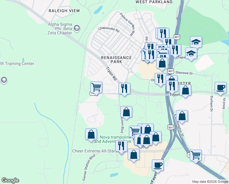 map of restaurants, bars, coffee shops, grocery stores, and more near 826 Cupola Drive in Raleigh