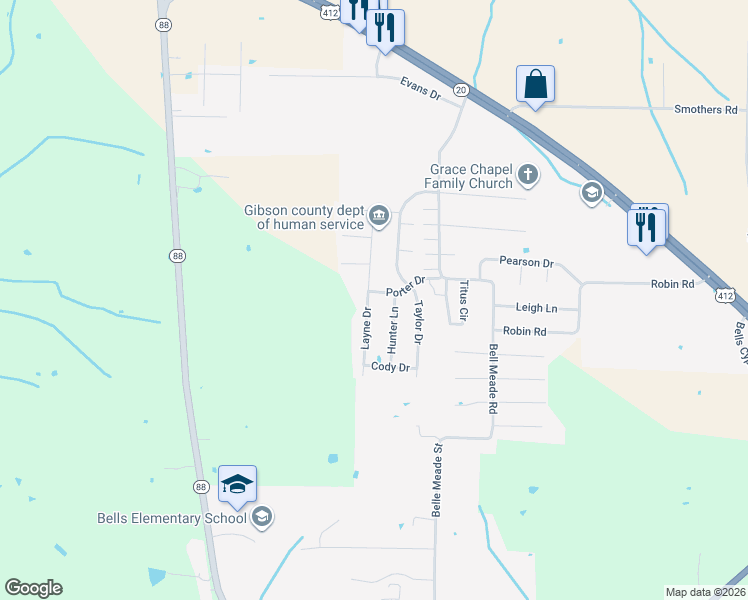 map of restaurants, bars, coffee shops, grocery stores, and more near 73 Porter Dr in Bells